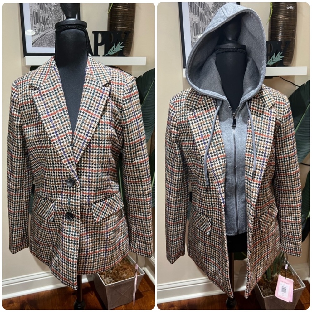 Avec Les Filles Plaid Blazer w/ Removable Dickey Hooded Jacket XS
